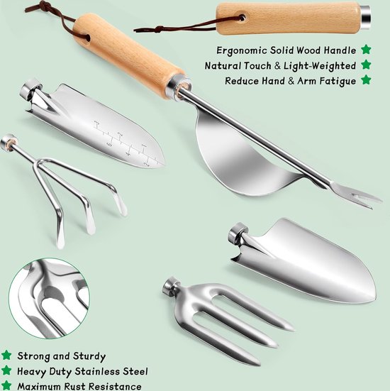 Tuingereedschapsset, 13 stuks tuingereedschap met opbergtas, zware belasting, roestvrij staal, tuinierset, ideaal tuincadeau voor vrouwen en mannen, weeder, handhark, struikhark — afbeelding 4