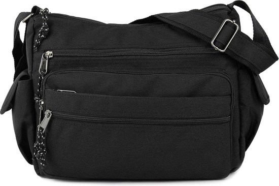 irisaa Grote schoudertas voor dames, casual handtas met veel vakken, canvas multifunctionele schoudertas voor school, winkelen, werk, uniseks, uni zwart, Eén maat