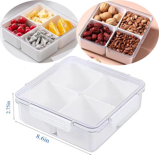 BYNYXI Snackbord met vakken en deksel, kunststof snackbox, ronde