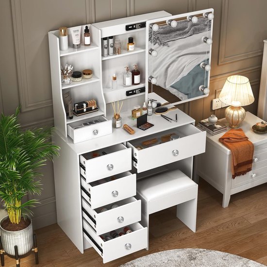 Ensemble coiffeuse de maquillage avec miroir coulissant éclairé, 3 modes d'éclairage, luminosité réglable pour chambre à coucher, studio pour chambre à coucher Ensemble coiffeuse de maquillage avec miroir coulissant éclairé, 3 modes d'éclairage, luminosité réglable pour chambre à coucher, studio pour chambre à coucher