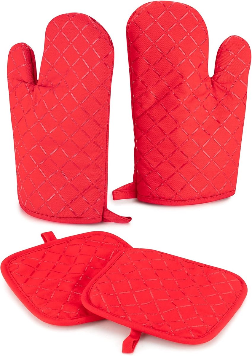 Ovenwantenset met pannenlap antislip (rood) hittebestendig tot 250 °C, gemaakt van katoen en bedekt met een siliconen gaas voor een goede grip