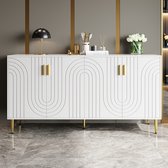 Sweiko Dressoir, vier deuren, uniek golfdesign, gouden handgrepen en pootjes, 152 x 40 x 75 cm, wit