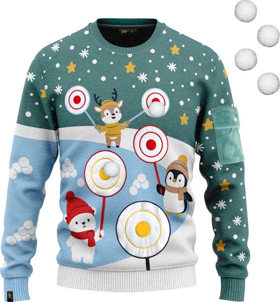 Pull de Noël avec une scène hivernale mettant en scène un renne, un pingouin et un bonhomme de neige lançant des balles sur des cibles.