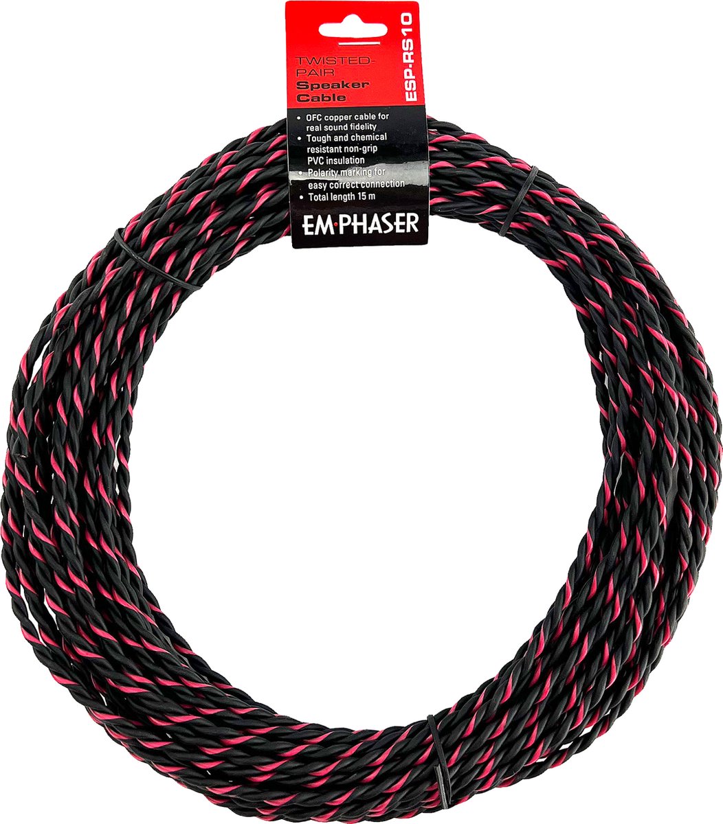 Emphaser ESP-RS10 - Audiokabel - Speakerkabel - 2x 1,0mm2 - Hoge kwaliteit OFC kabels - lengte 15 meter - Getwist rood zwart