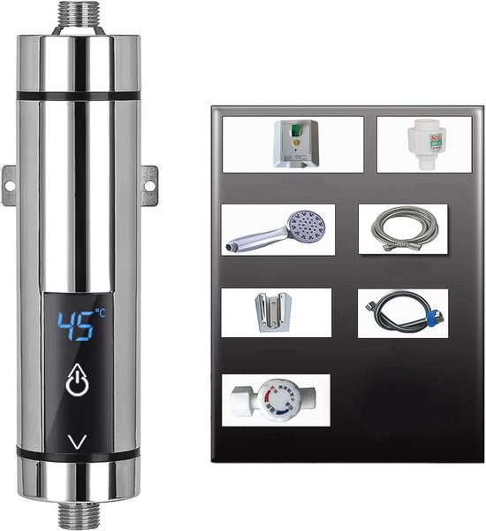 CEIEVER elektrische doorstroomboiler zonder reservoir, met led-display, 220 V, 5500 W, onmiddellijke verwarming voor de douche in de badkamer, zilver