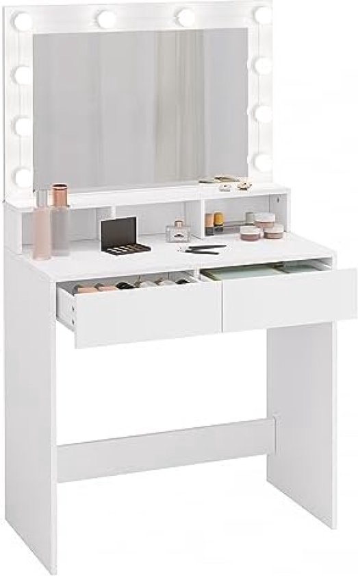 EUGAD 0057SZT Make-uptafel met ledverlichting, instelbare helderheid, kaptafel met spiegel, 3 kleuren, kaptafel met 2 houten laden, met metalen poten, 100 x 40 cm, modern, wit/goud
