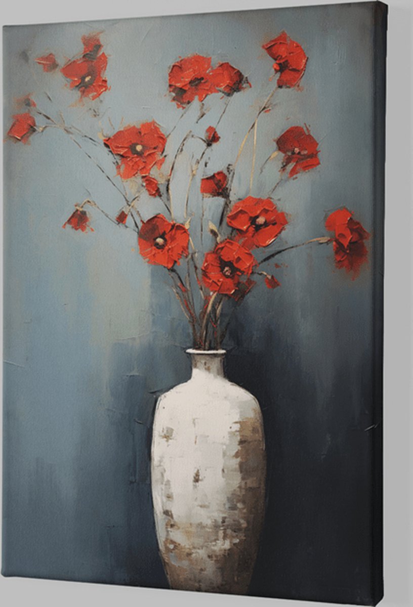 Trendex Global Canvas Schilderij - Olieverf Bloemen - Kunst - Wanddecoratie - 120x80x2 cm Rood