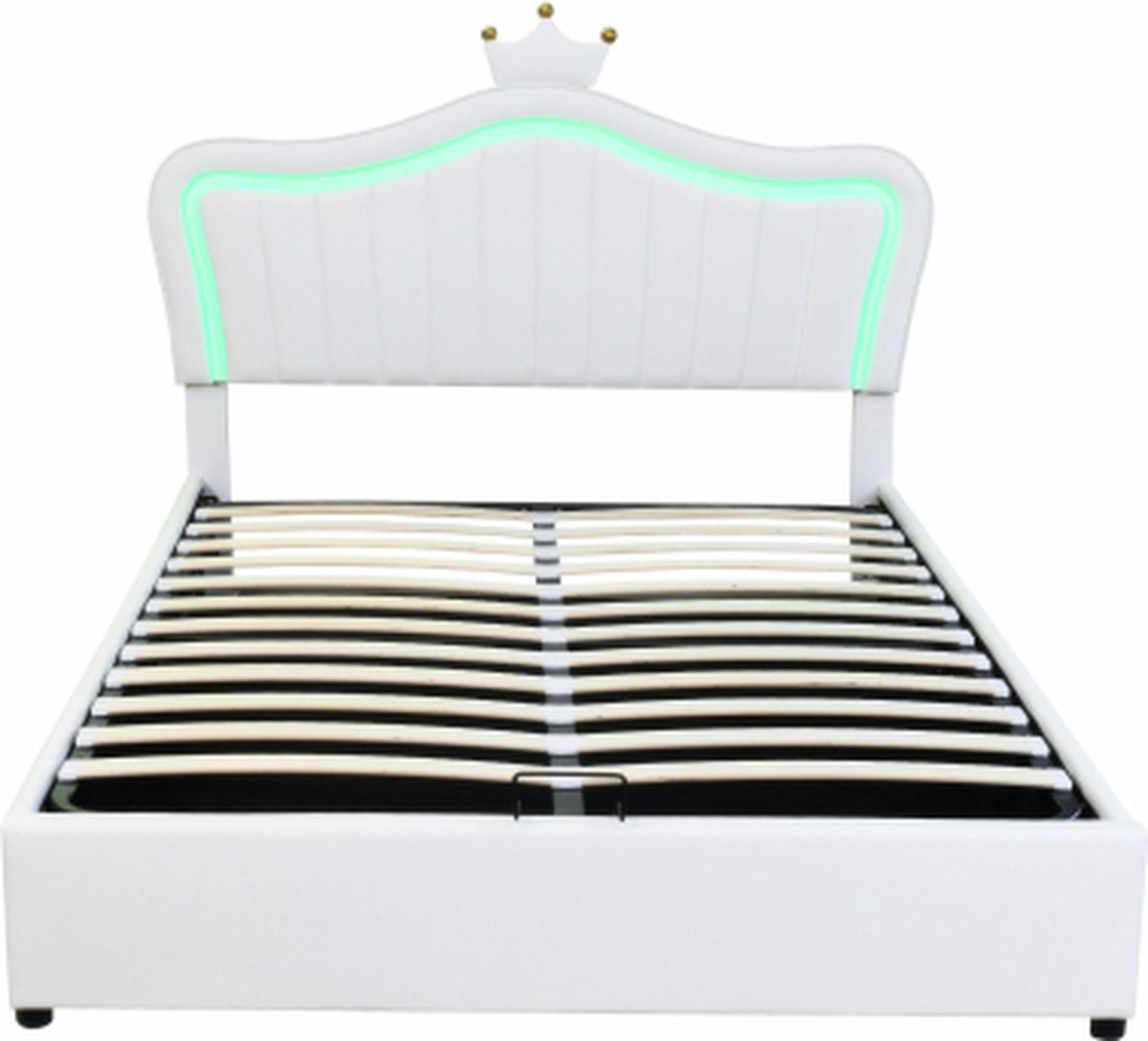 Kinderbed Polsterbed Hydraulisch Opslagbed, Eenpersoonsbedframe voor Meisjes met Roze Kroon, van PU-Leder met LED-Verlichting, Lattenbodem en Rugleuning