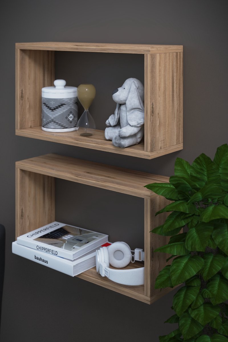 Wandplank| Wandrek| Set van 2| Voor Keuken Slaapkamer Woonkamer| Industrieel| Modern| Stijlvol| Licht Walnoot| 45x26x15 cm