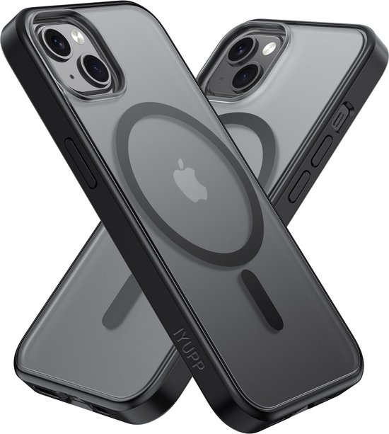 IYUPP Hoesje Geschikt voor iPhone 15 Hoesje - Geschikt voor MagSafe - Shockproof Back Cover - Mat Zwart Transparant