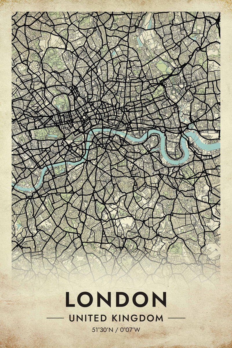 London Poster - Verenigd Koninkrijk - Vintage - Stad - Retro - Kaart - Map - London Kaart - London Map - City Map - posters - formaat 50x70cm - Wanddecoratie - S4807