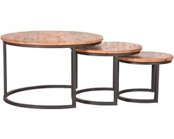 Set van 3 Salontafels – Rond Mangohout – Metalen Frame – Industrieel Design – Ø70/57/42 cm – Houten Tafelset – Woonkamer Tafels