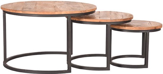 Set van 3 Salontafels – Rond Mangohout – Metalen Frame – Industrieel Design – Ø70/57/42 cm – Houten Tafelset – Woonkamer Tafels