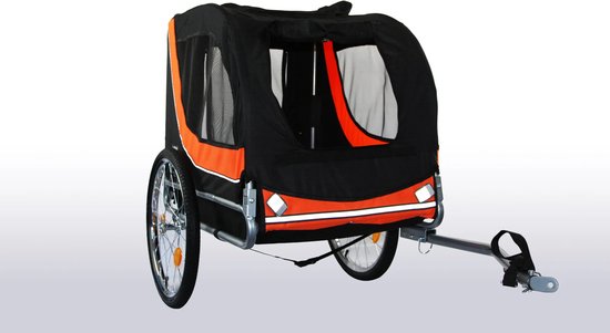 Zwarte hondenfietskar met oranje accenten en reflectoren.