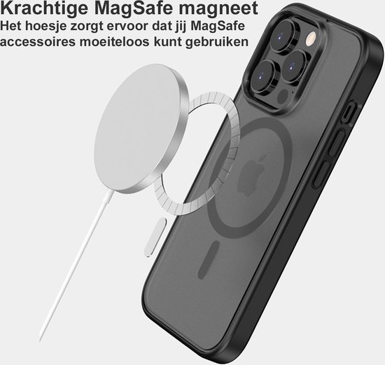 Coque transparente pour iPhone avec cadre noir, montrant le chargeur magnétique MagSafe.