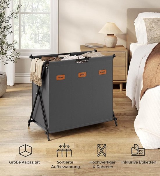 FurnStar - Panier à linge - collecteur de linge - 135 litres - boîte à linge - 3 compartiments - cadre en X pliable - étiquettes individuelles - pour buanderie - chambre - salle de bain - 70 x 40 x 66 cm - gris