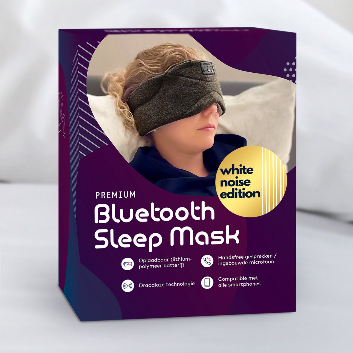 Premium Bluetooth Slaapmasker - 'White Noise' edition (limited) - 20 'ingebouwde' white noise geluiden (gebruik ook zonder Bluetooth/smartphone - 100% verduisterend - Ultraplatte 'spons speakers' (perfect voor zijslapers) - Koel en ademend materiaal — afbeelding 2