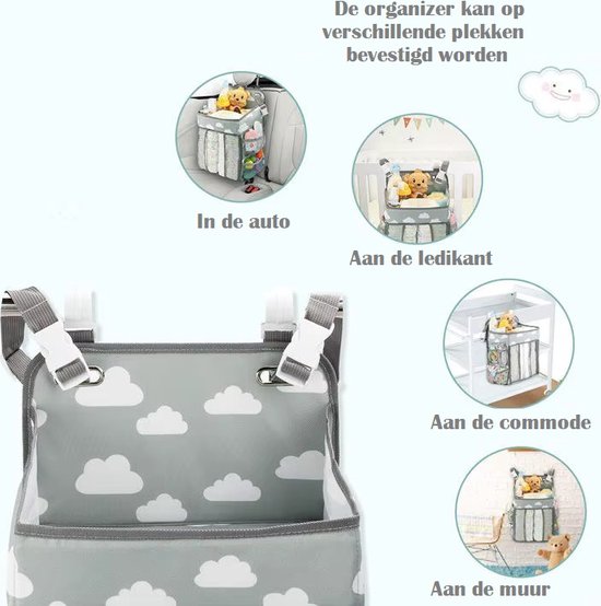 1 stuk 39 x 20 cm kinderorganizer om op te hangen aan bed, dubbele vakken, opbergtas om op te hangen voor kleding, luiers, speelgoed (wit