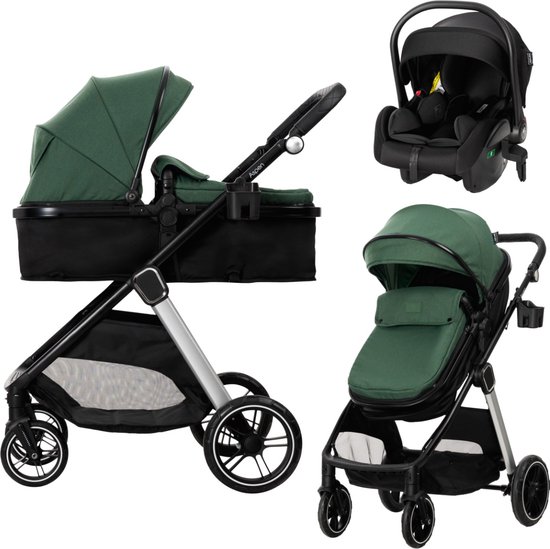 Groene kinderwagen met reiswieg en zitje, plus een zwarte autostoel.