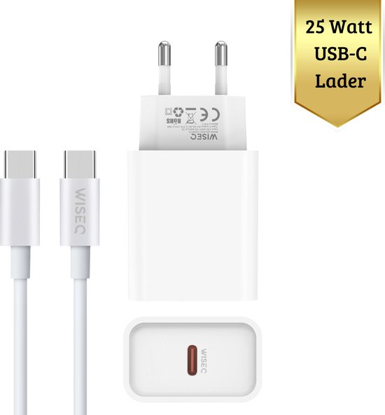 USB C Snellader Oplader Geschikt voor Alle Toestellen – Originele WiseQ Snellader met USB C naar USB C Kabel – 1 meter