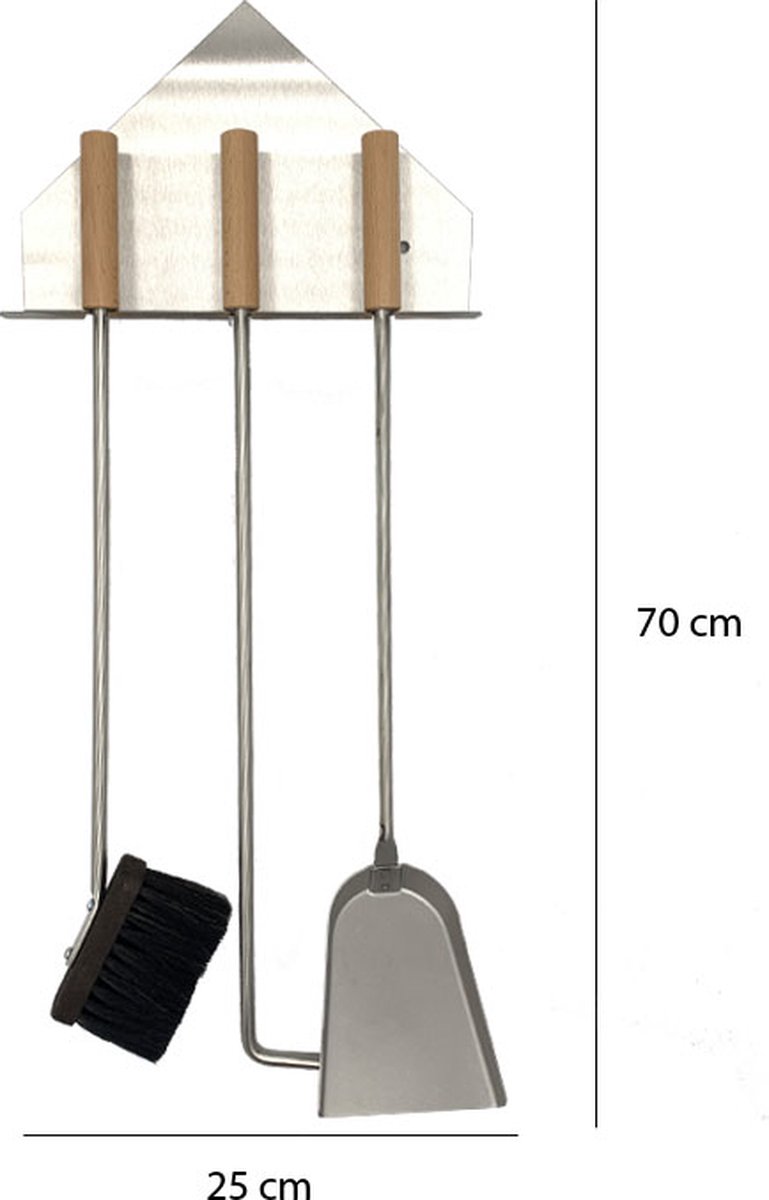 Haardset - 4-delig - rvs - vrij hangend - houten handgrepen 58x28x6 cm