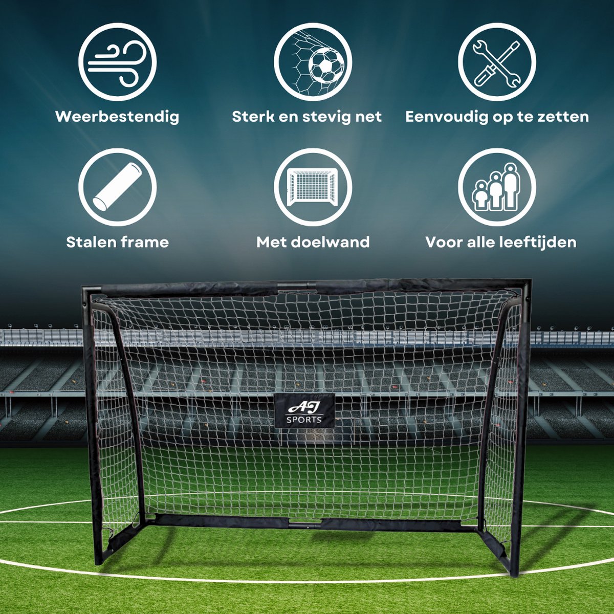 AJ-Sports Voetbaldoel met Doelwand - 300x200x90cm - Voetbalgoal - Goals - Voetbaltraining - Stalen buizen - 4 Schietgaten - Snelle Montage -Zwart — afbeelding 2