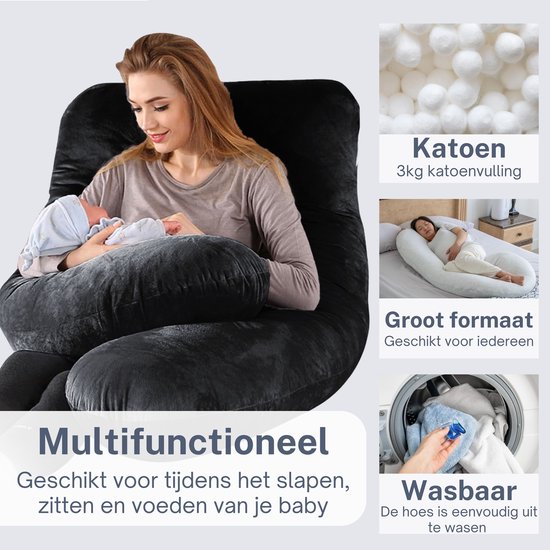 Earkings Zwangerschapskussen Zijslaapkussen 140x80cm U-vorm met Afneembare hoes - Body Pillow Zwart van Earkings — afbeelding 4