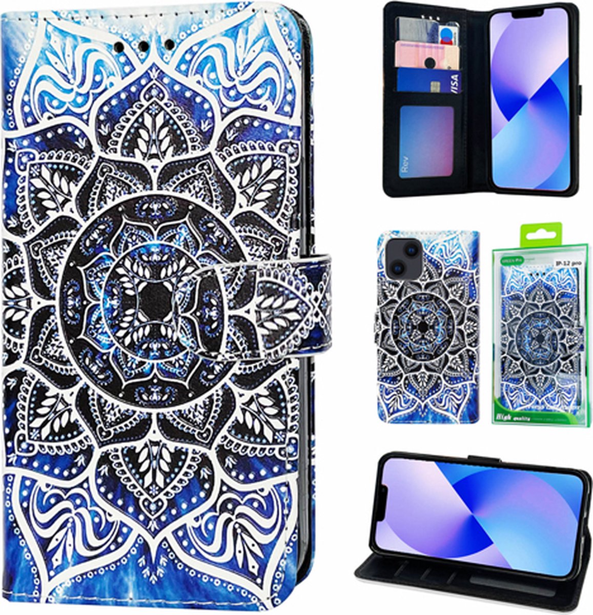 Telefoonhoesje Geschikt voor iPhone 14 - Bookcase - Lotus Printje - Ruimte voor 3 pasjes