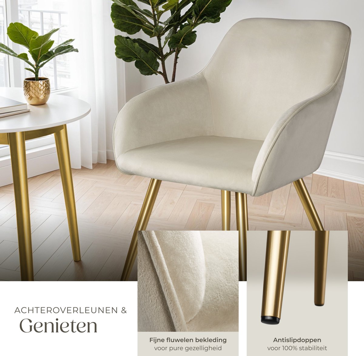 tectake® Eetkamerstoel Marilyn - Met Armleuningen - Elegante Stoel met Gevoerde Zitting in Fluweellook - Gestoffeerd - Gouden Metalen Poten - Ergonomische Keukenstoel - Stoel voor Woonkamer, Eetkamer en Slaapkamer - Creme – foto 3
