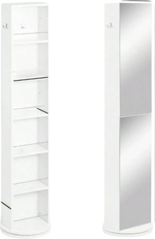 Draaiende witte badkamerkast, open kant met planken en haken, andere kant met spiegel.