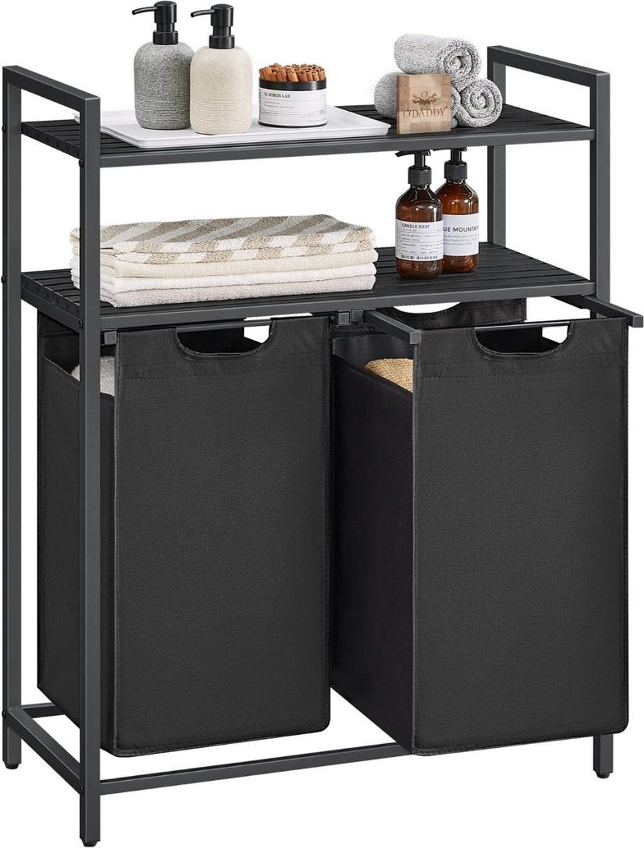 O'DADDY® Wasmand met 2 Vakken & 2 Planken - 76 Liter - Wassorteerder Uitschuifbaar - Was Organizer - Laundry Basket - Wasbox - Wasmanden - Dubbele Wasmand - Zwart/Bruin