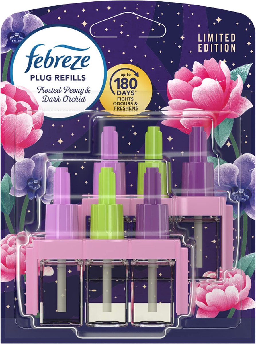 Goedkoopste 2x Febreze 3Volution Navulling - Frosted Peony & Dark Orchid - Limited Edition - 2x 20 ml - Navulverpakking - 3 afwisselende geuren - Gaat tot 90 Dagen mee
