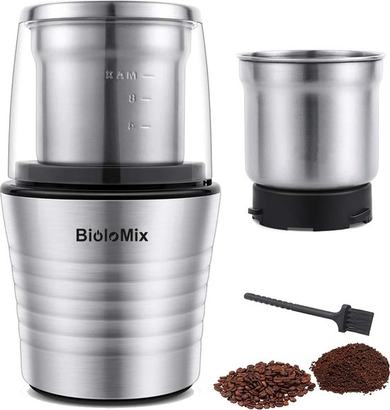 Mercadome® Moulin à café électrique 2 en 1 - Moulin à café - Hachoir - Moulin à grains - Klein et puissant - Fonction de broyage et de hachage - Grijs