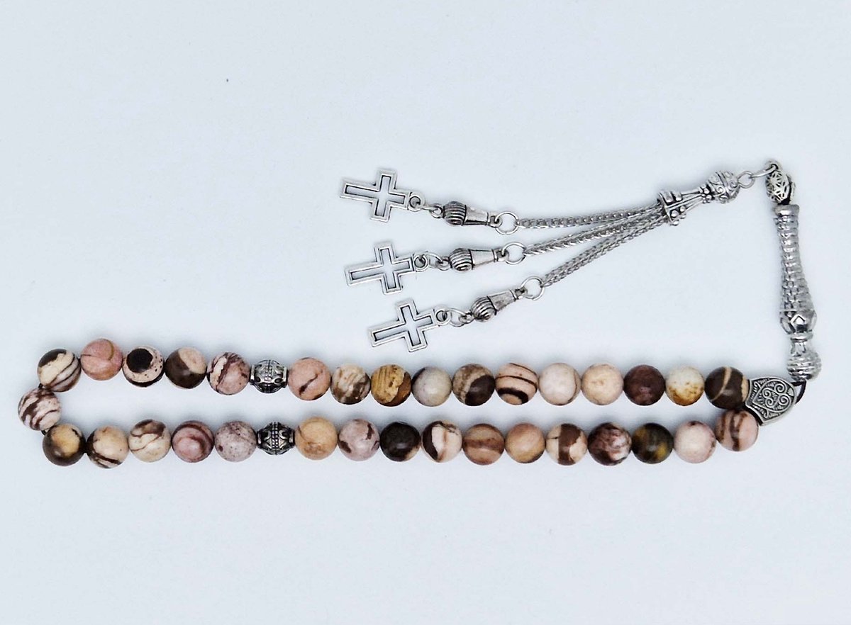 Handgemaakte tesbih klassiek - "Tasbih" natuursteen "Australia zebra jasper" - Aantal kralen 33 - Diameter kralen 8 MM - met metaal tassel "Kruis" - Een mooi cadeau-idee