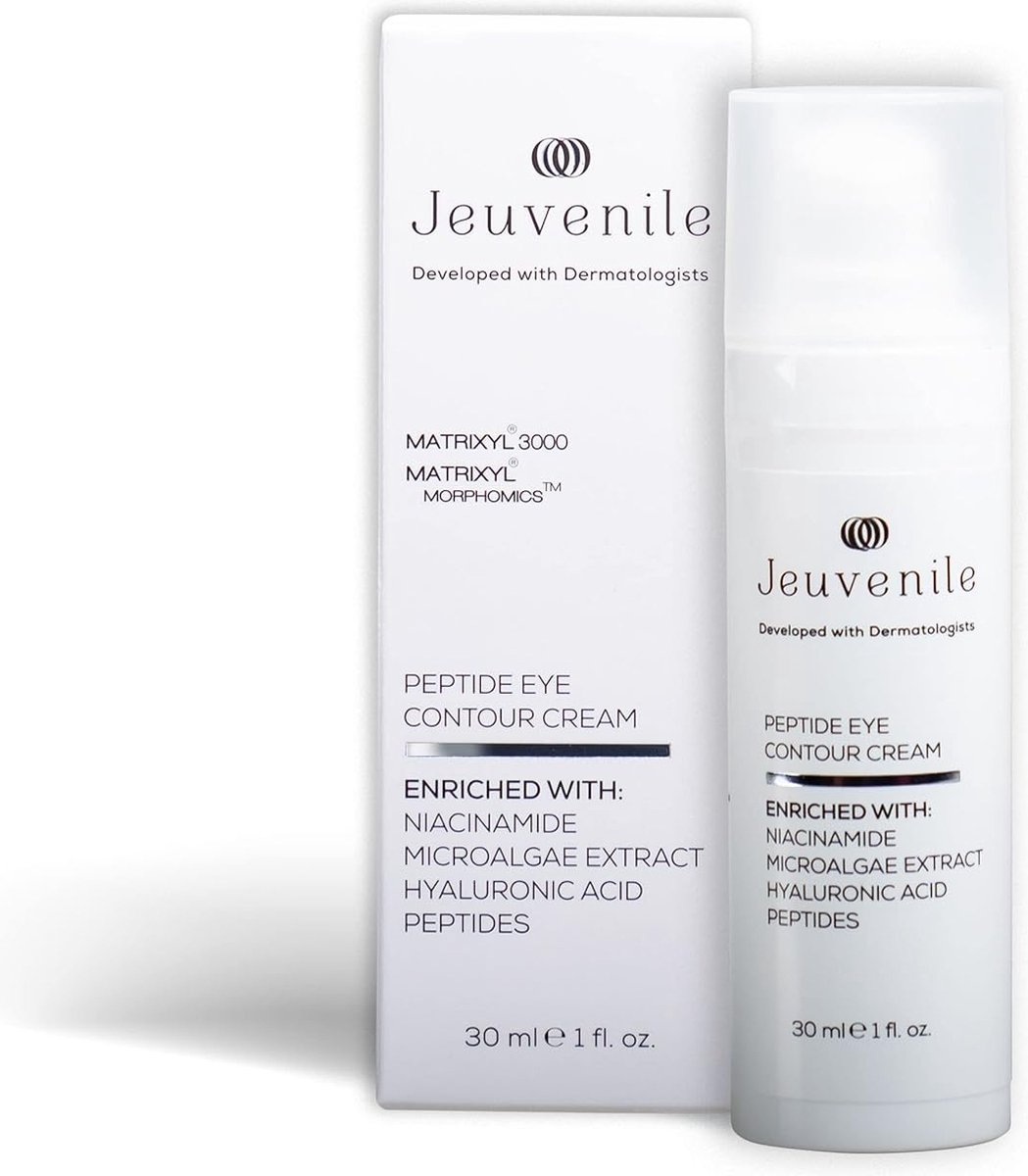 Jeuvenile Peptide Oogcontourcrème, Vermindert Donkere Kringen, Wallen en Rimpels voor een Jeugdige, Stralende Huid, met Niacinamide, Panthenol, Natriumhyaluronaat en Antioxidanten, Geschikt voor Alle Huidtypes, 30 ml