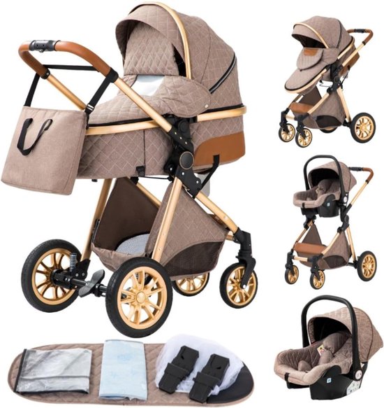 Luxe multi-functionele 3 in 1 kinderwagen - Kwalitatieve buggy - Opklapbare wandelwagen - Khaki