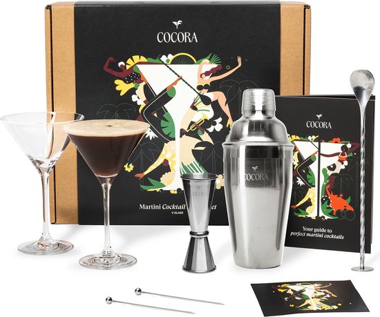 Foto: Cocora mocktail pakket 9 delige rvs cocktail set cocktailshaker martini glazen mocktails boek met alcoholvrije cocktails recepten pornstar espresso martini zilver