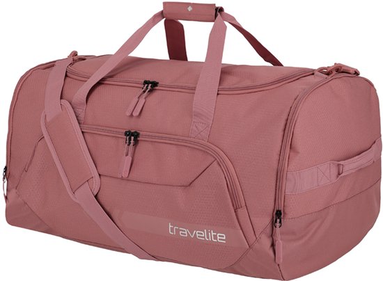 Roze Travelite reistas met twee handvatten, schouderband en ritsvakken.