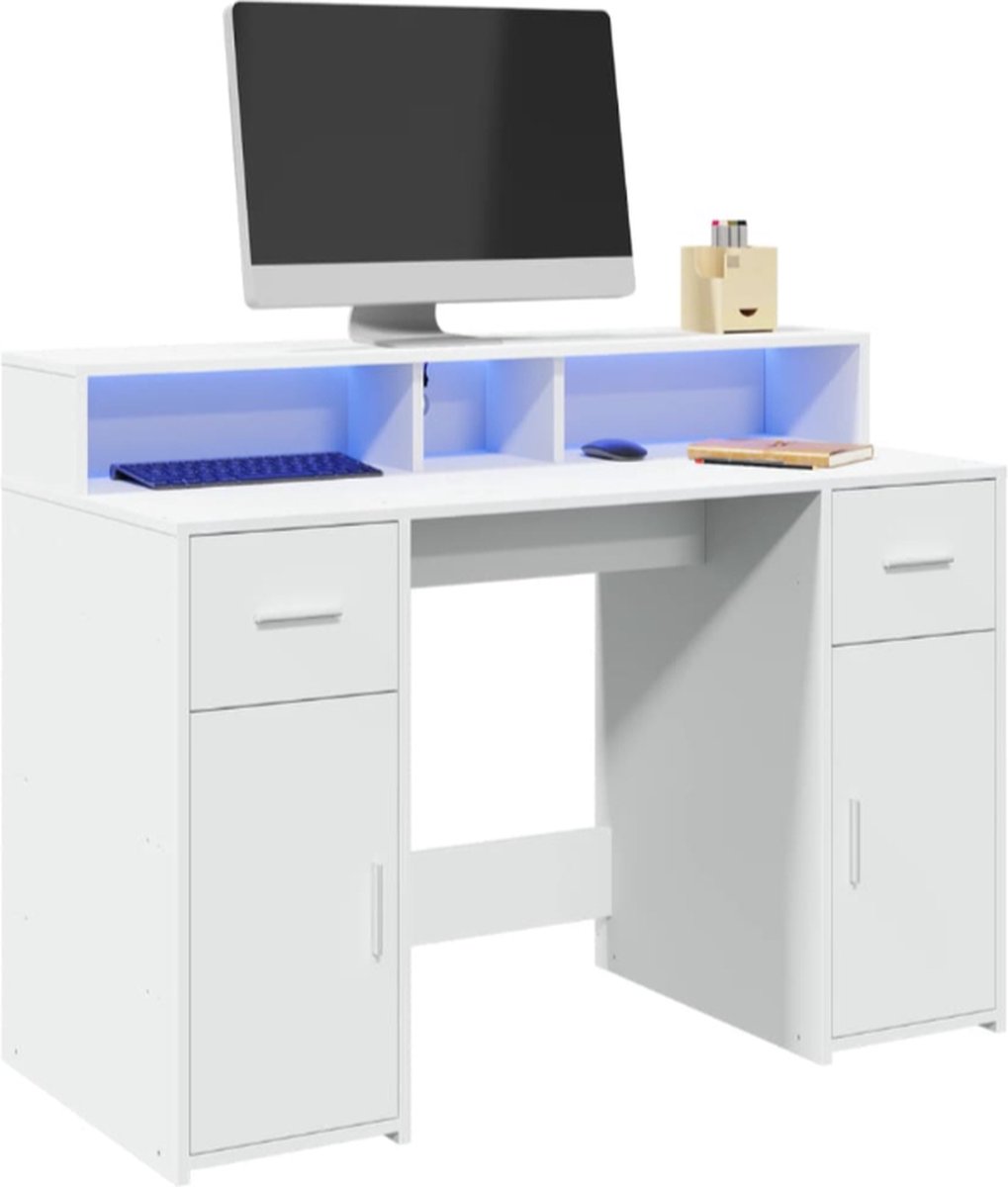 vida xl Bureau met LED verlichting 120x55x91 cm bewerkt hout wit