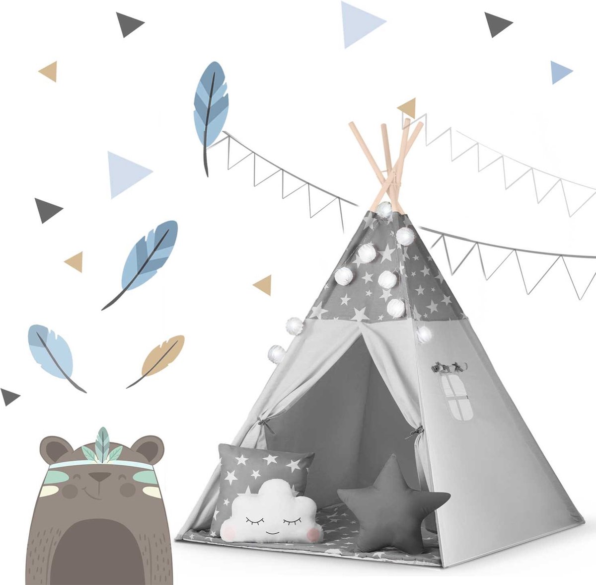 Nukido Tipi-tent voor kinderen met slinger en -lampjes - grijs met sterren afbeelding