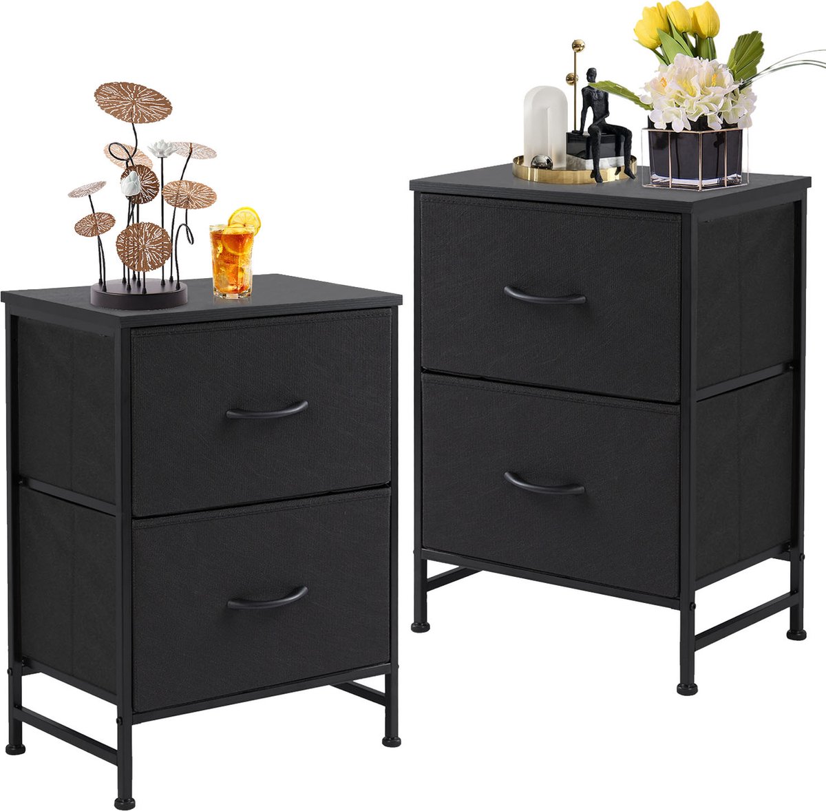 Nachtkastje set van 2 met 2 laden, stoffen commode, verticale opbergruimte, organizer, 50 cm hoog, maximale draagkracht 20 kg, voor slaapkamer, kantoor, wasruimte, hal, kinderkamer.-Zwart