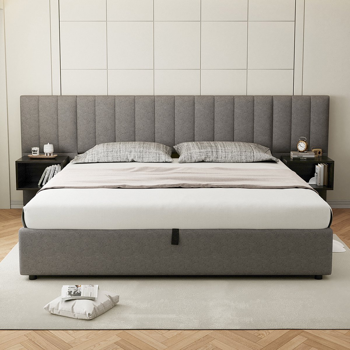 KOMHTOM Tweepersoonsbed Gestoffeerd bed 180 x 200 cm hydraulisch bed met twee nachtkastjes met opbergruimte linnen grijs + zwart