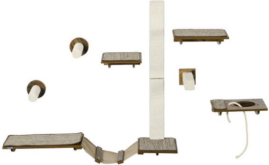 Foto: Krabpaal groot 206 cm hoog xxl kattenboom met 13 krabzuilen 2 platforms 2 holletjes mand hangmat pluche ballen meerlaagse kattenkrabpaal crmewit