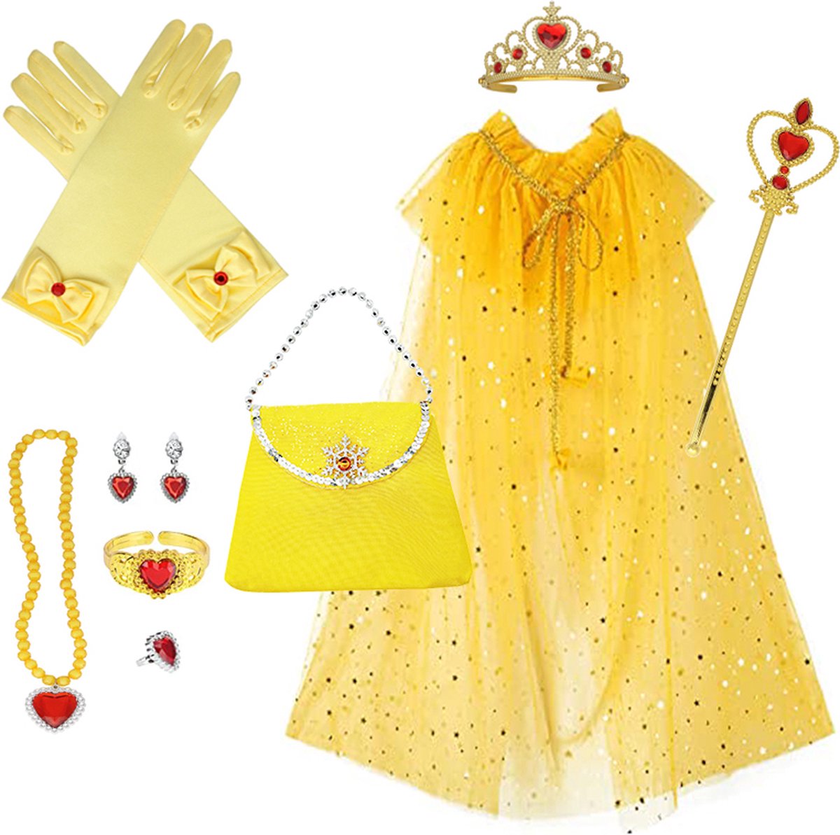 Loha-party®11 stuks Princes verkleed set-verkleedcape-Geel jurk-Carnaval kleeding-verjaardag cadeau-kinder cadeau kit- jurk-Prinsessencape-Crown-Wand-Handschoenen-Oorbel-Ring-armband-handtas-verjaardag-feestartikelen-accessoires-11stuks