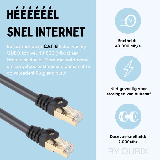 Câble CAT 8 de By Qubix avec connecteurs dorés, pour une vitesse de 40 000 Mb/s.