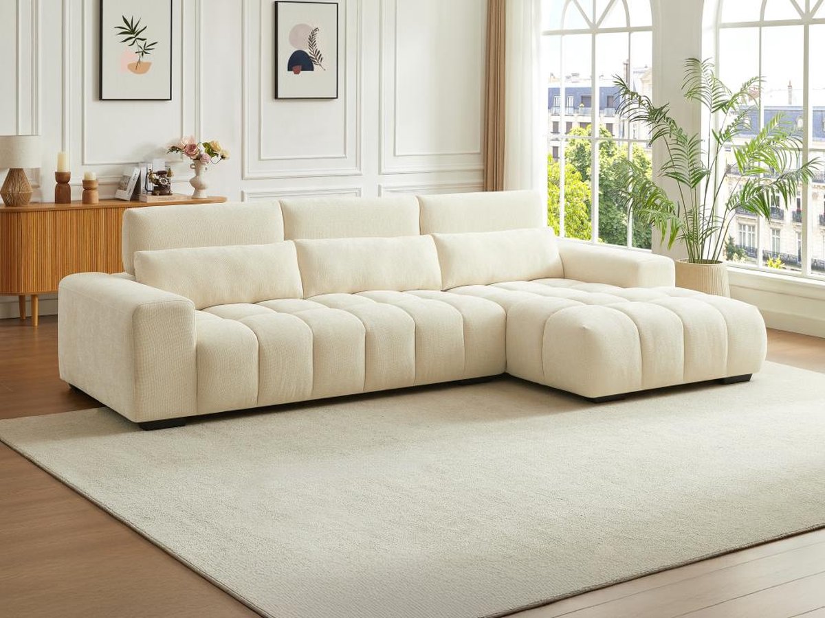 Vente-unique Hoekbank rechts in getextureerde beige stof LOPONZA van Maison Céphy