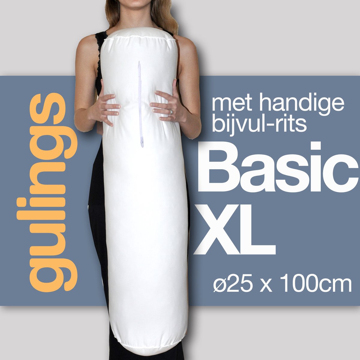 Guling BasicXL Rolkussen met sleeve denim - Body pillow ø25 x 100 cm, Fors en Stevig, Extra Ondersteuning voor Zijslapers, met Bijvulrits