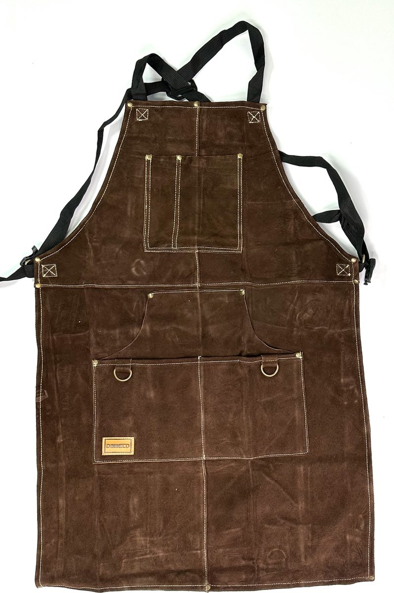 MGM Trading - Leren Lasschort - 6 Zakken - Heavy Duty Werkplaats Schort - Hitte- en Vlamwerend Kevlar Stiksel - Voor Lassers en Smeden - Donkerbruin