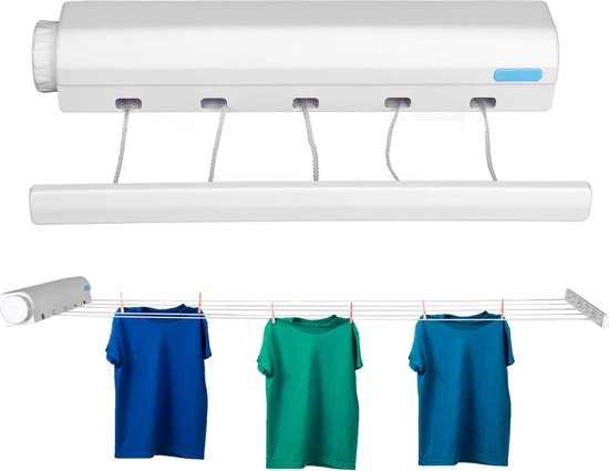 Waslijn, Automatische Telescopische Waslijn Aan de Muur Gemonteerde Intrekbare Kleding Droogrek Touw met Haak voor Binnen Buiten Benodigdheden Ponsinstallatie (Vijf Touwen) - Wandwaslijnen-5 waslijnen tot 3.75 m traploos uittrekbaar-Praktisch rolsyst