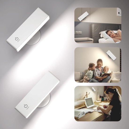 Draadloze wandlamp met bewegingsmelder, 2 stuks, wandlamp voor binnen, oplaadbaar, met schakelaar, automatische detectie, voor woonkamer, trap, hal, balkon, wit
